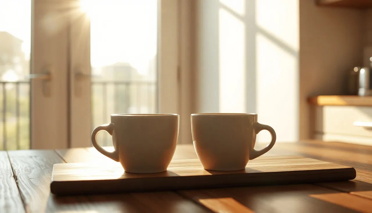 Two empty coffee cups on a wooden table in a quiet sunlit kitchen