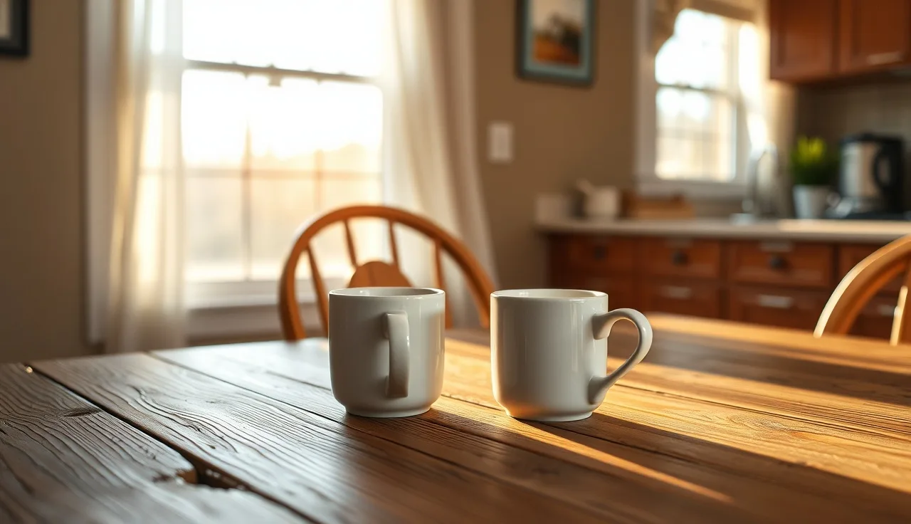 Two coffee mugs on a kitchen table during an uncontested divorce process in Pennsylvania