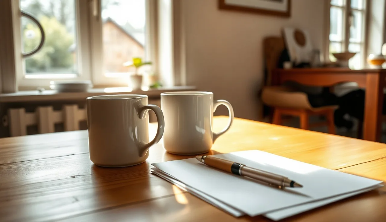 Two coffee mugs and a pen beside unsigned divorce papers on a kitchen table