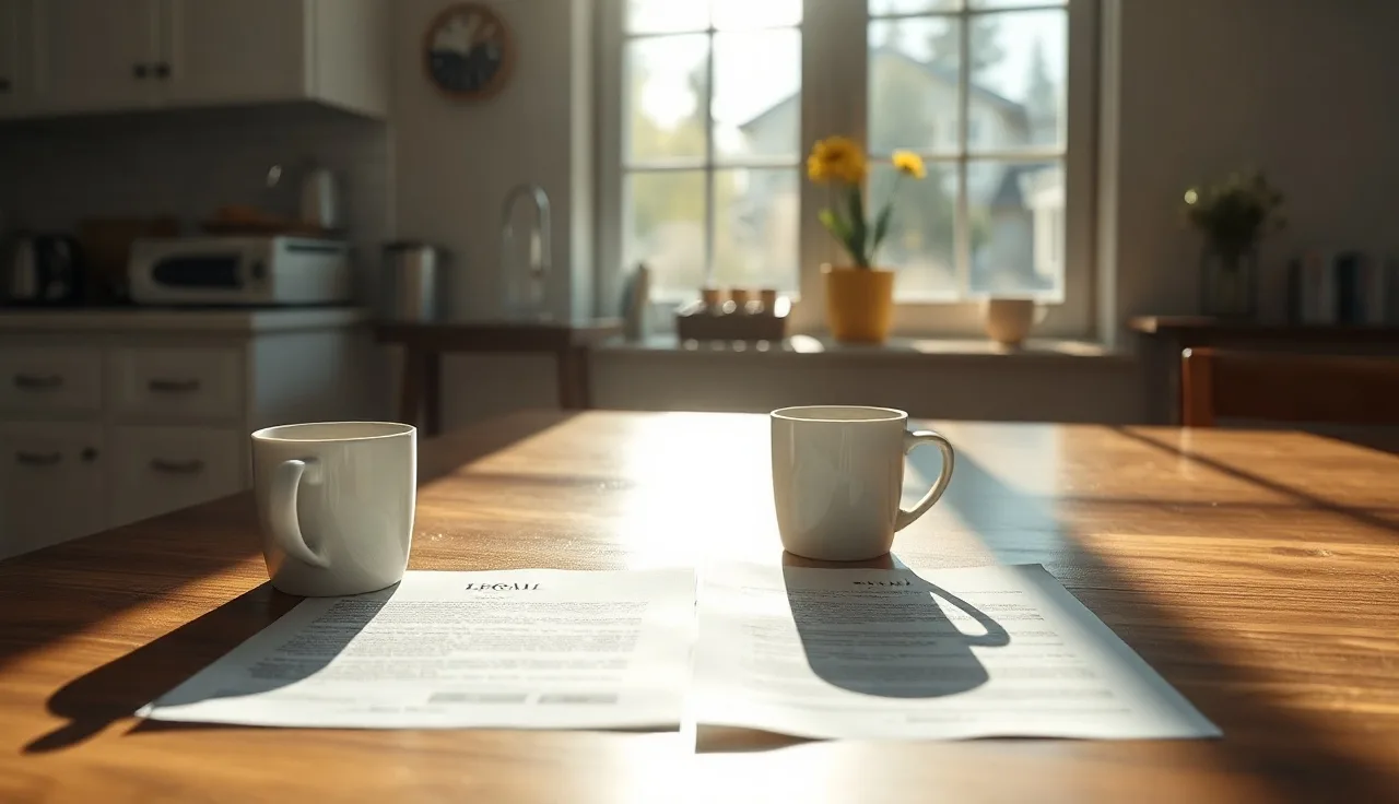 Empty coffee cups beside unsigned papers on a sunlit Washington home kitchen table