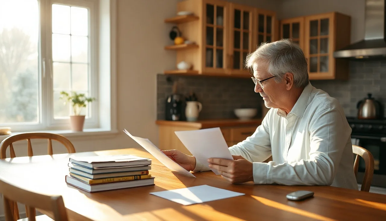 Two adults reviewing spousal support documents at a kitchen table in morning light
