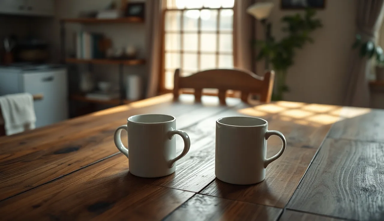 Empty chair at a kitchen table with two coffee mugs during divorce process