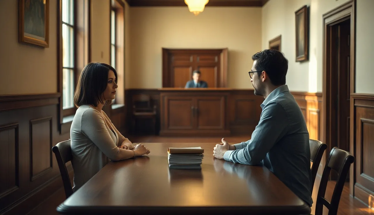 Two people reviewing divorce paperwork at a courthouse table in Pennsylvania