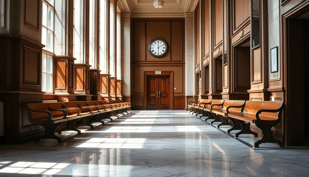 Empty courthouse hallway with marble floors and natural light, symbolizing divorce waiting period