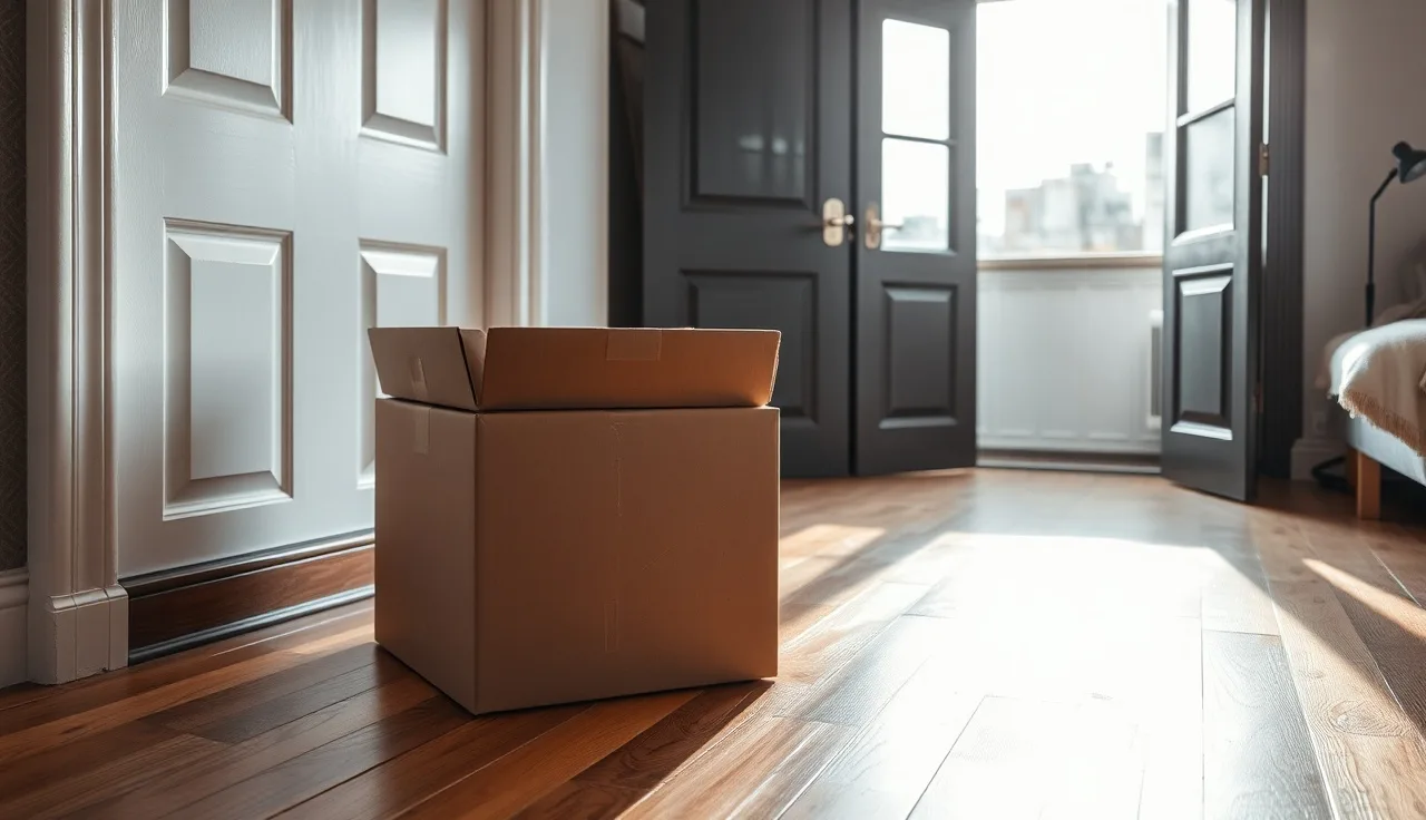 Moving boxes near an open apartment door representing marital separation before divorce