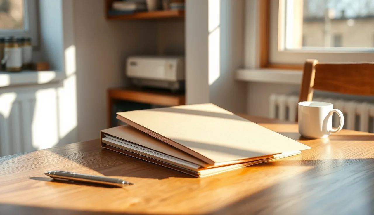 Divorce paperwork folders on a kitchen table in morning light