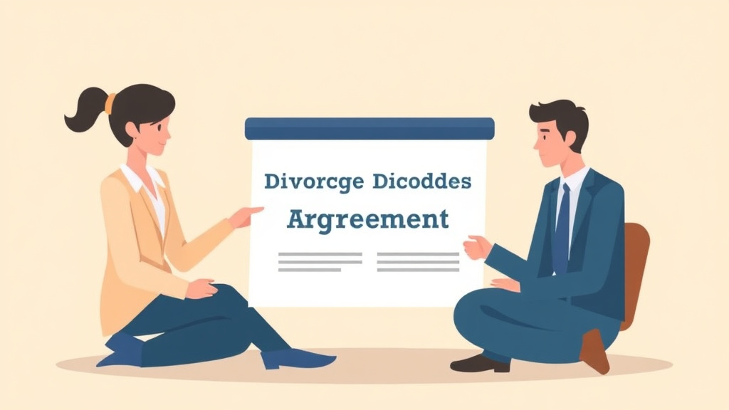 Illustration showing key concepts related to uncontested divorce agreement: what it must include