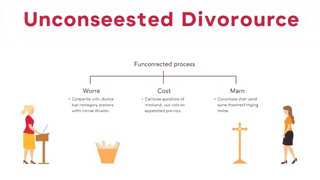 Illustration showing key concepts related to uncontested divorce in arkansas: requirements, cost, and process