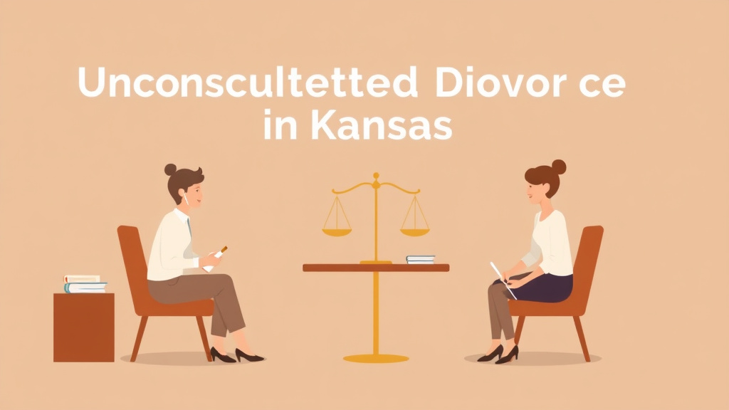 Illustration showing key concepts related to uncontested divorce in kansas: requirements, cost, and process