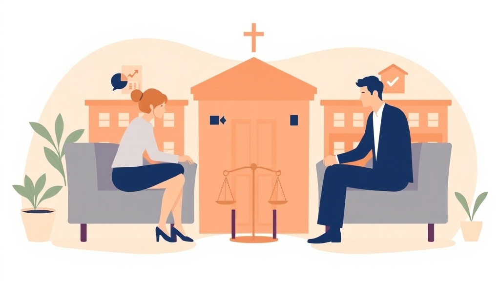 Illustration showing key concepts related to uncontested divorce in louisiana: requirements, cost, and process