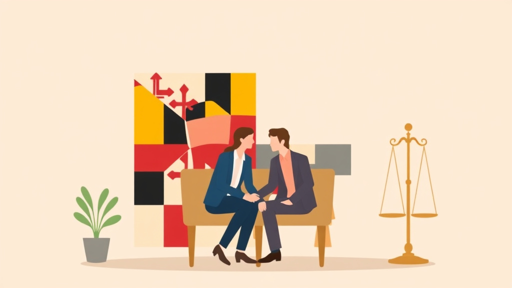 Illustration showing key concepts related to uncontested divorce in maryland: requirements, cost, and process