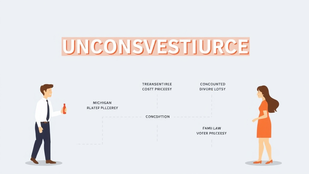 Illustration showing key concepts related to uncontested divorce in michigan: requirements, cost, and process