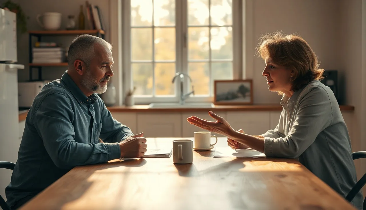 Two adults at a kitchen table calmly discussing their amicable divorce agreement