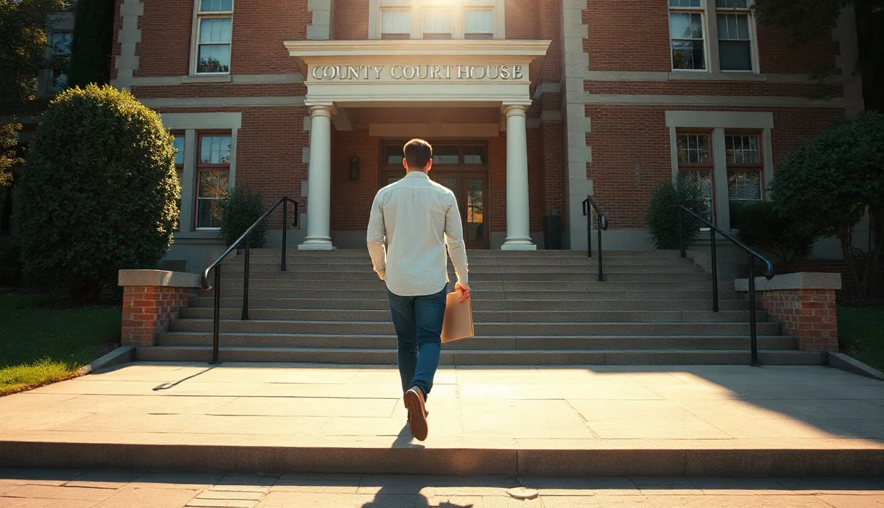 Person carrying legal documents walking up courthouse steps for divorce filing