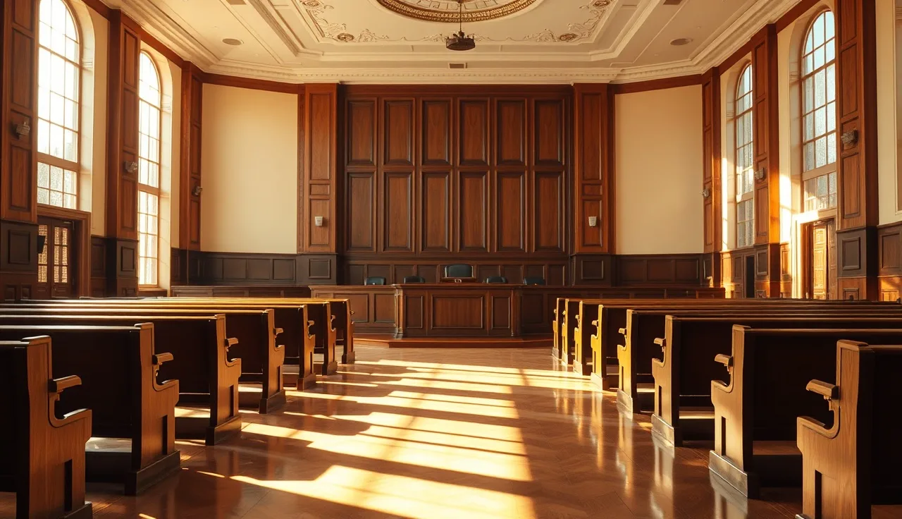 Empty courtroom with wooden benches lit by morning sunlight, showing divorce hearing setting