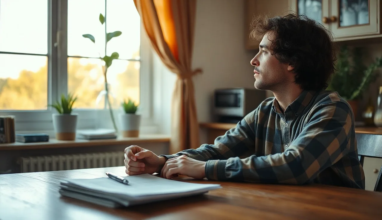 Person sitting at a kitchen table with divorce paperwork and morning sunlight