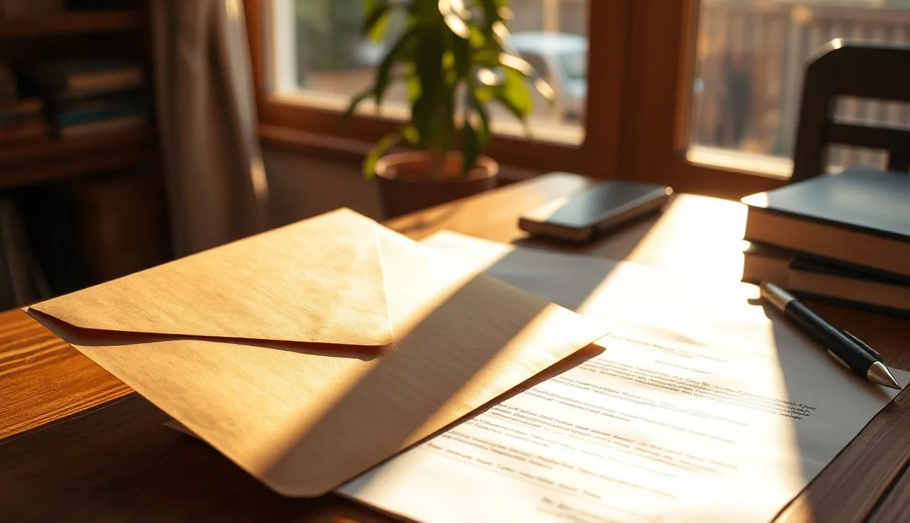 Legal documents and envelope on a wooden table near a sunny window