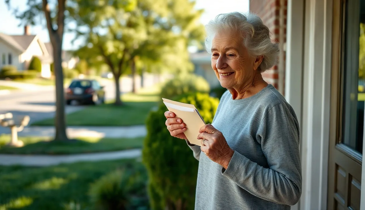 Older woman holding an envelope at a front door, ready to serve divorce papers