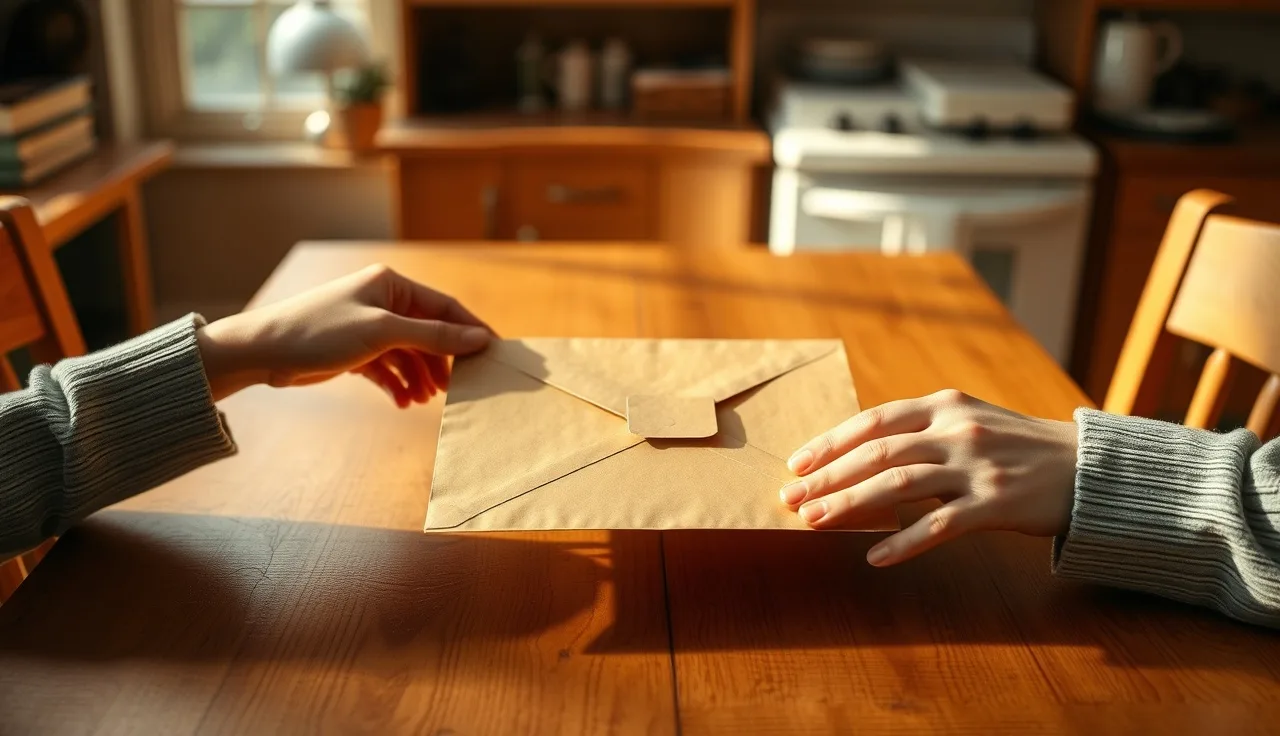 Two people exchanging divorce paperwork across a kitchen table without going to court
