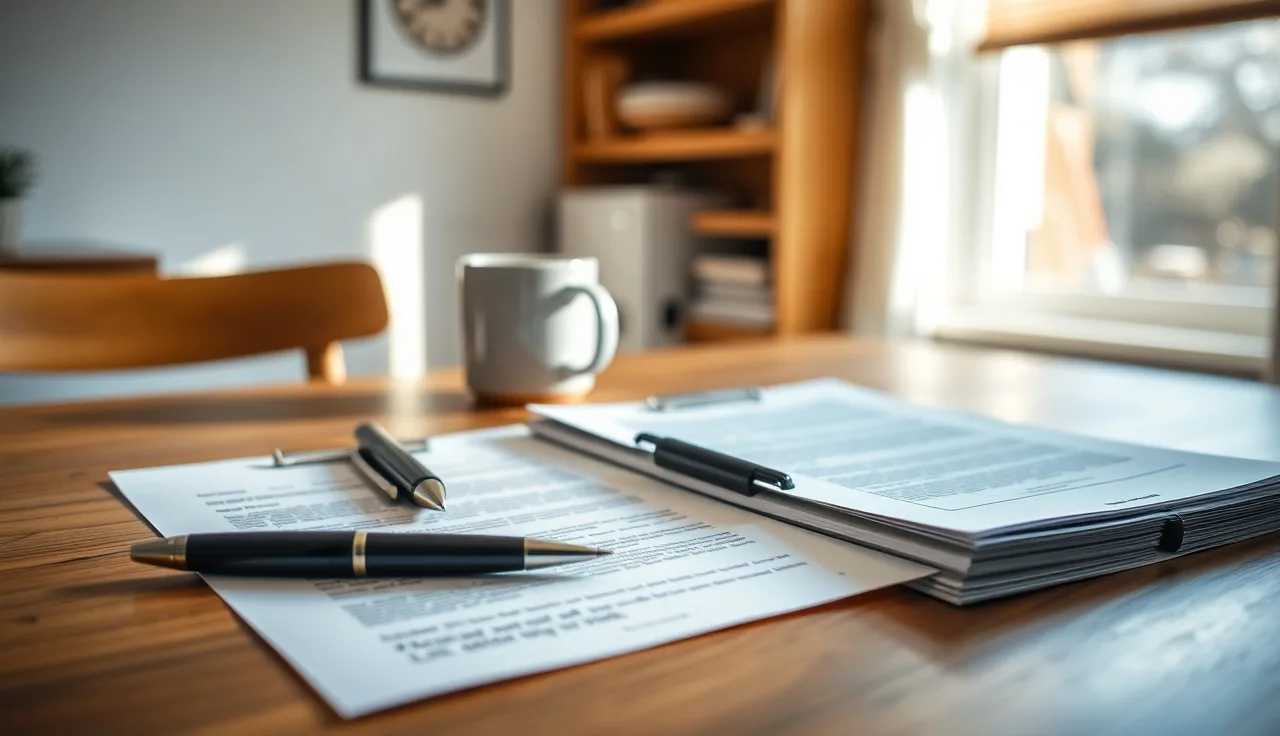 Signed divorce documents on a kitchen table with a pen, no courthouse required