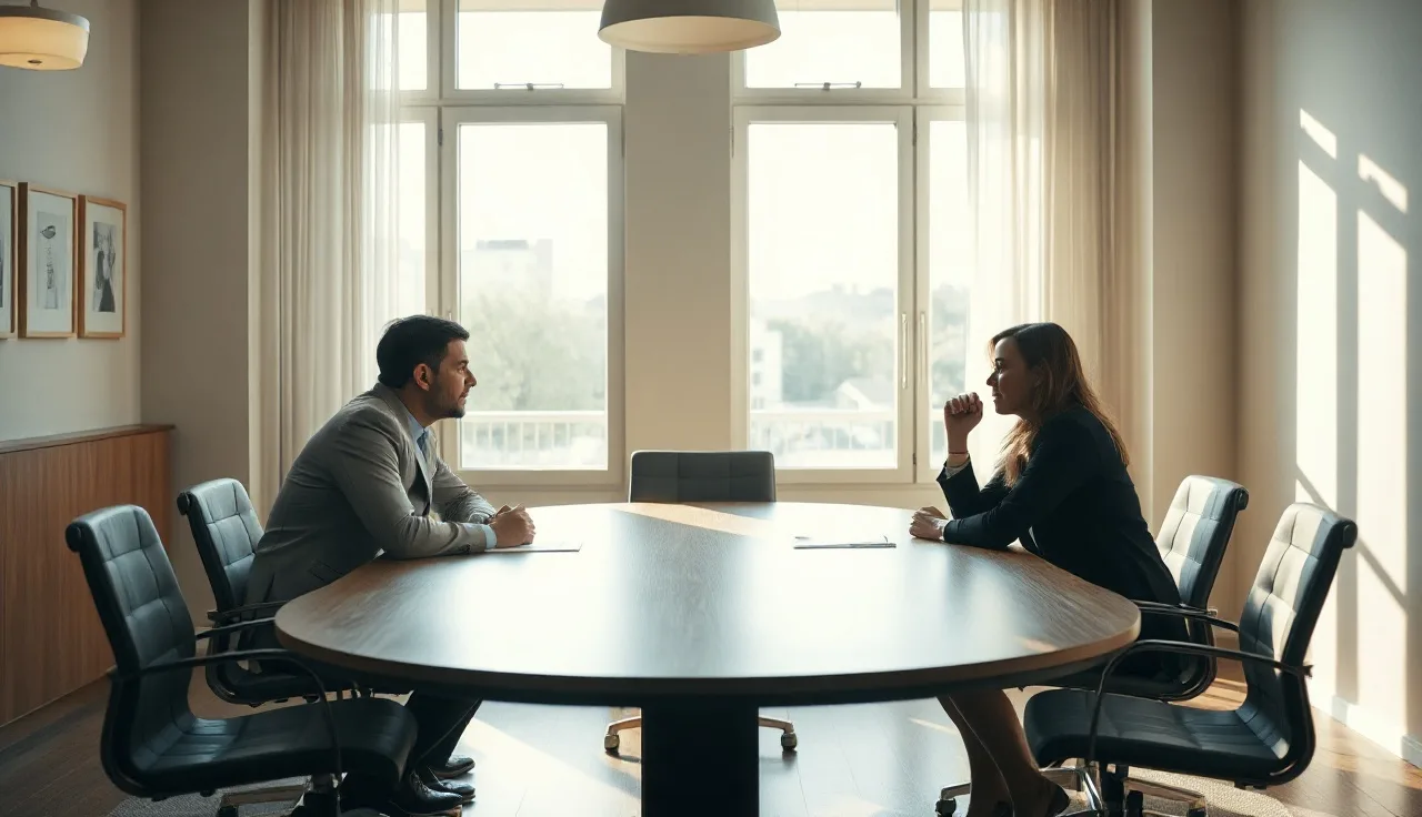Two spouses and a mediator seated at a round table during divorce mediation session