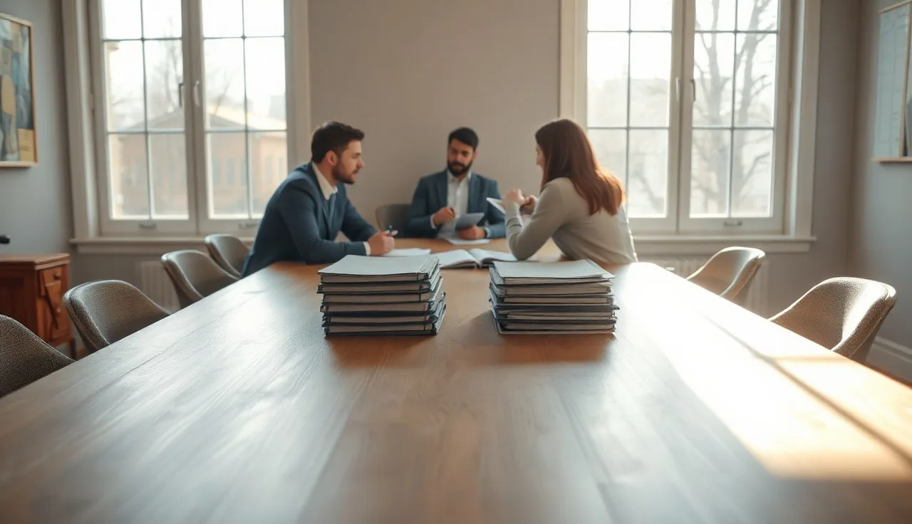 Two spouses sitting across a table from a mediator during a divorce mediation session