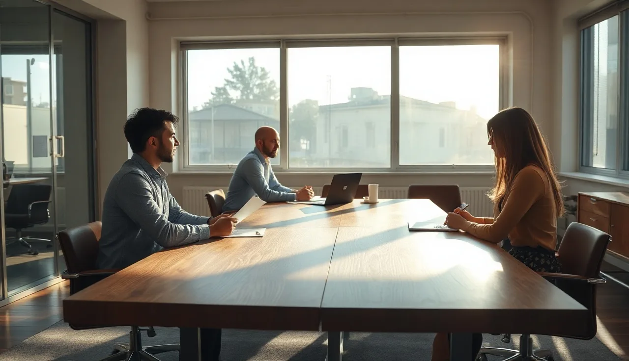 Two spouses and a neutral mediator seated at a table during divorce mediation