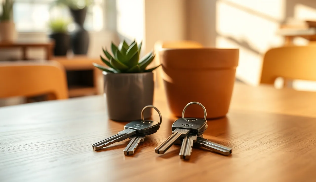 Two sets of house keys on a wooden table during a divorce process