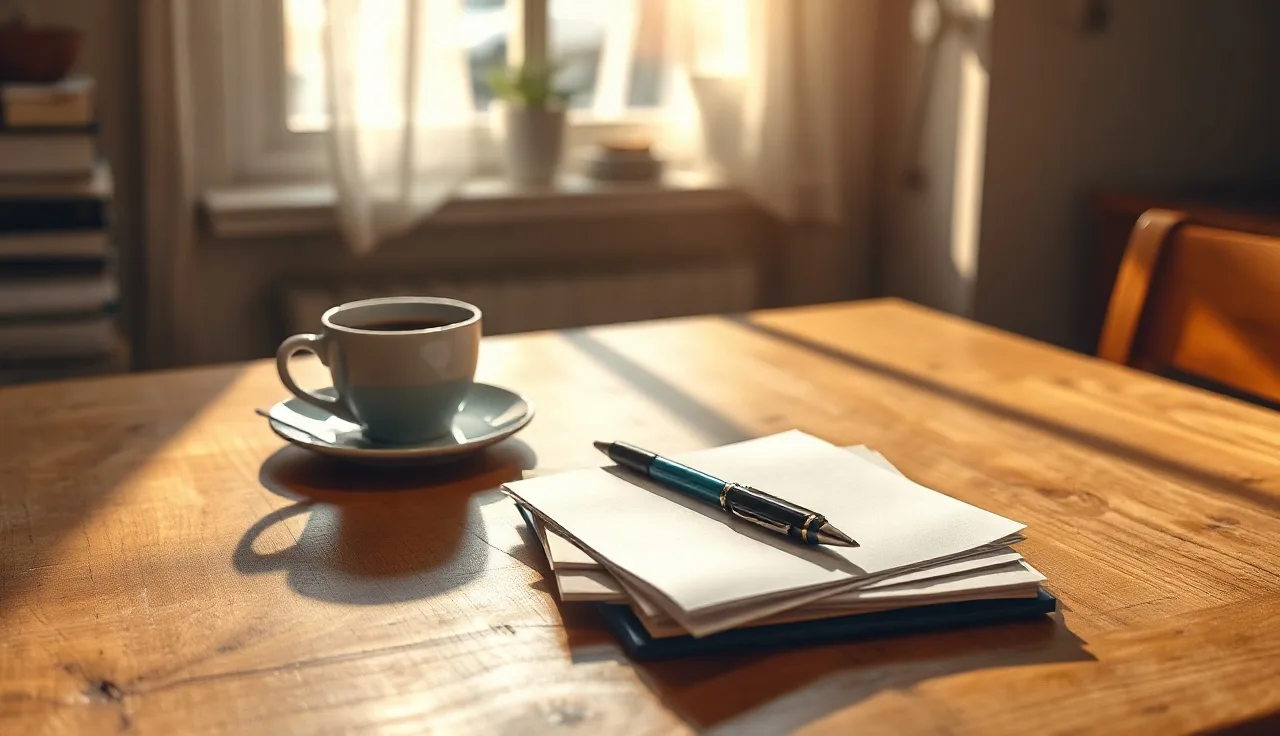 Two pens resting on blank papers at a kitchen table, representing DIY divorce paperwork