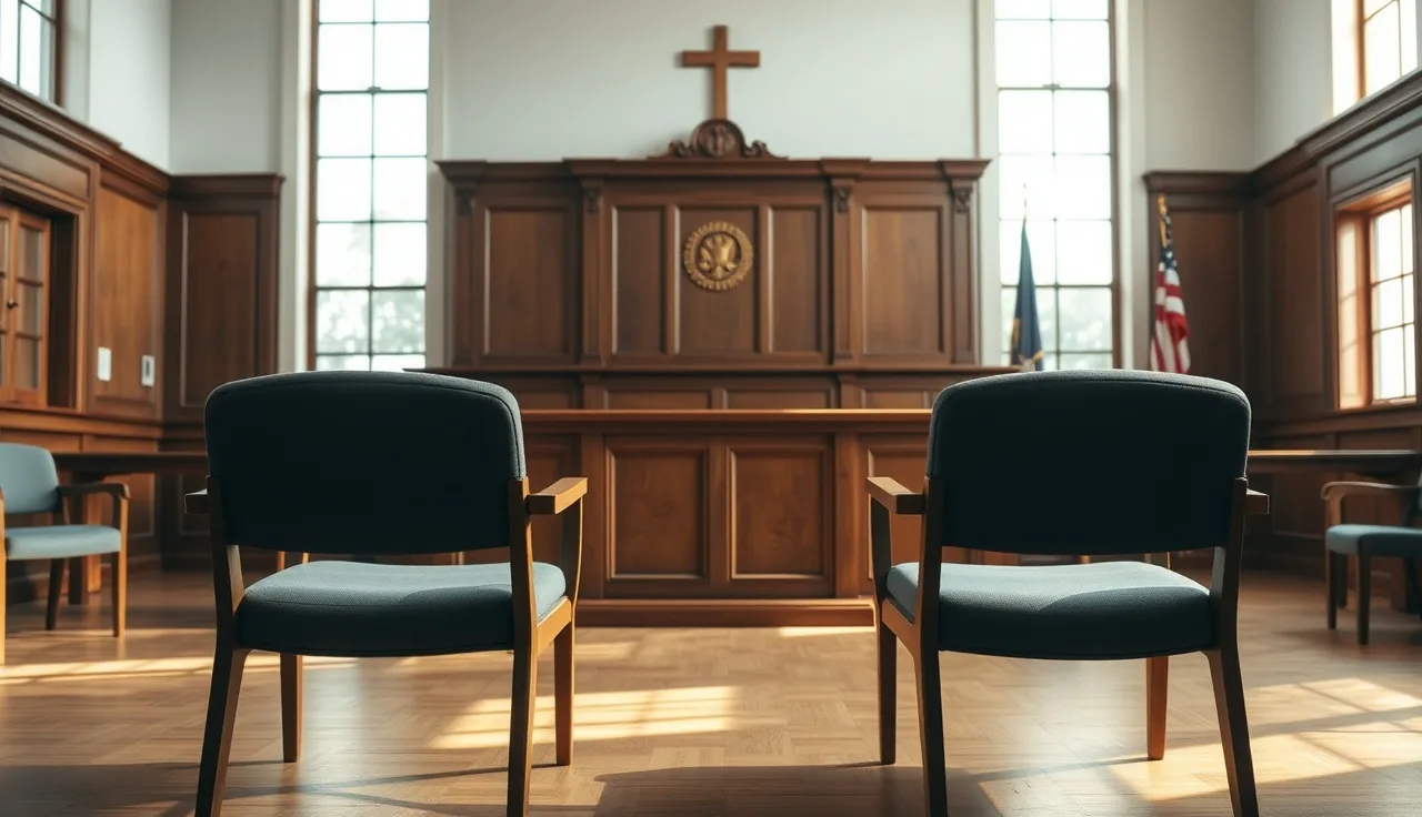 Empty courtroom chairs facing a judge's bench during an uncontested divorce proceeding