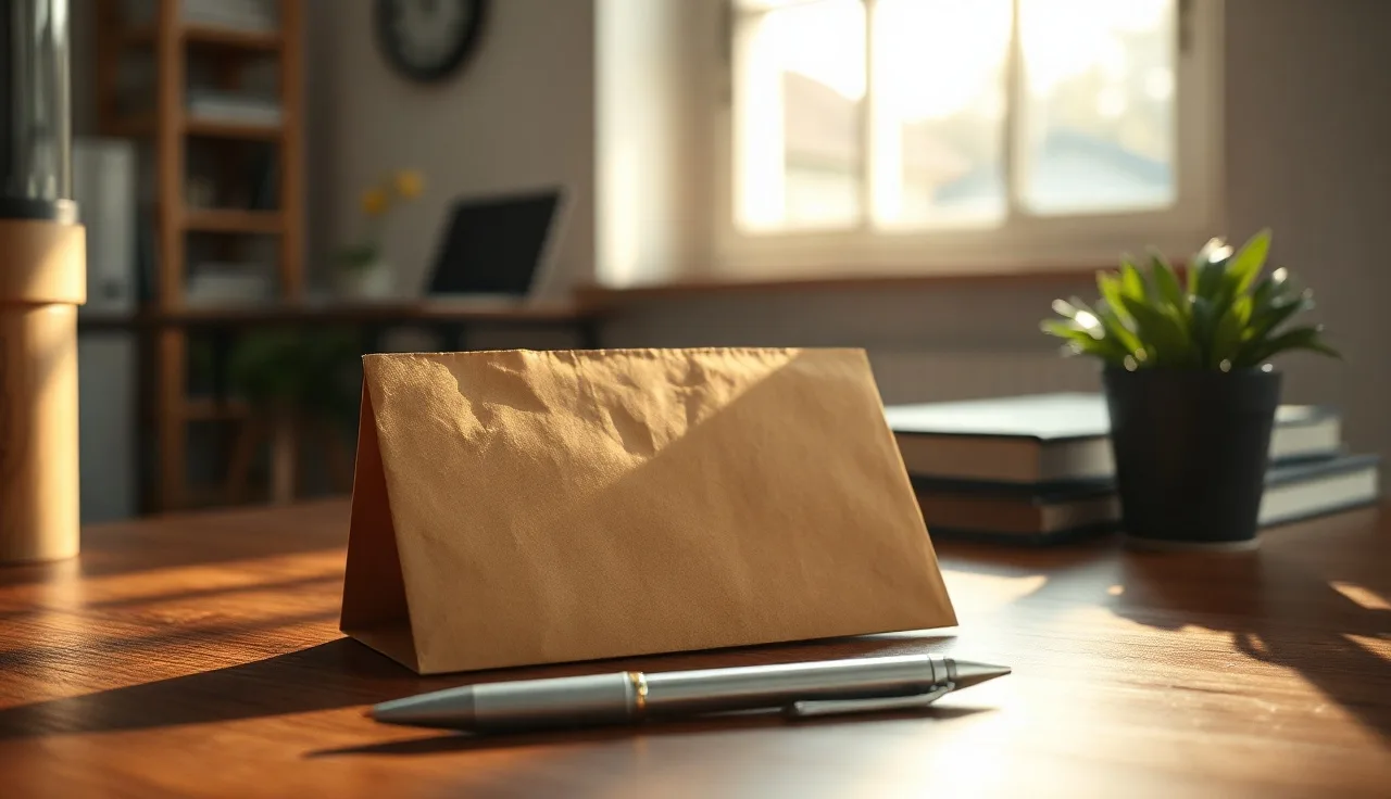 Divorce paperwork envelope on a wooden desk in a sunlit home office