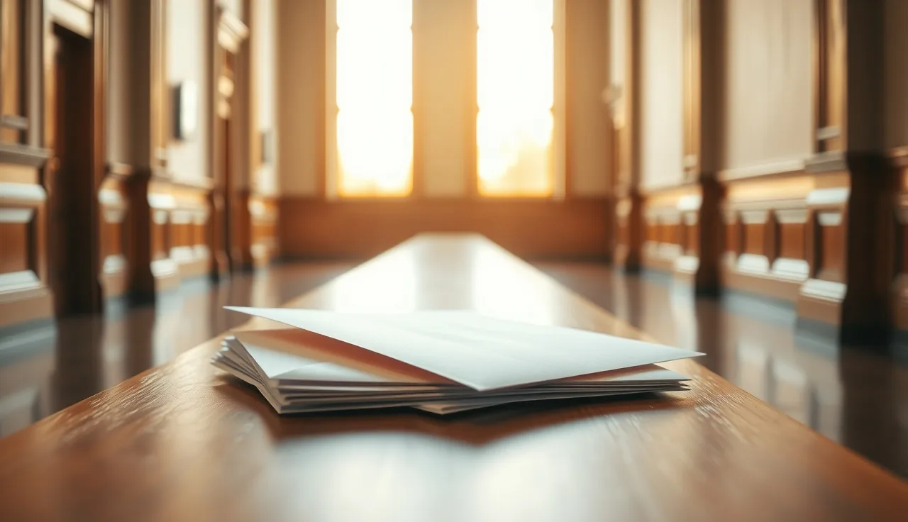 Legal envelope and folded divorce papers on a wooden courthouse bench