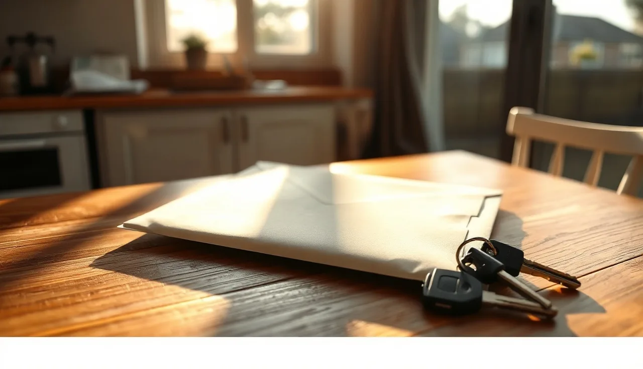 Manila envelope and keys on a wooden table, representing divorce paper service