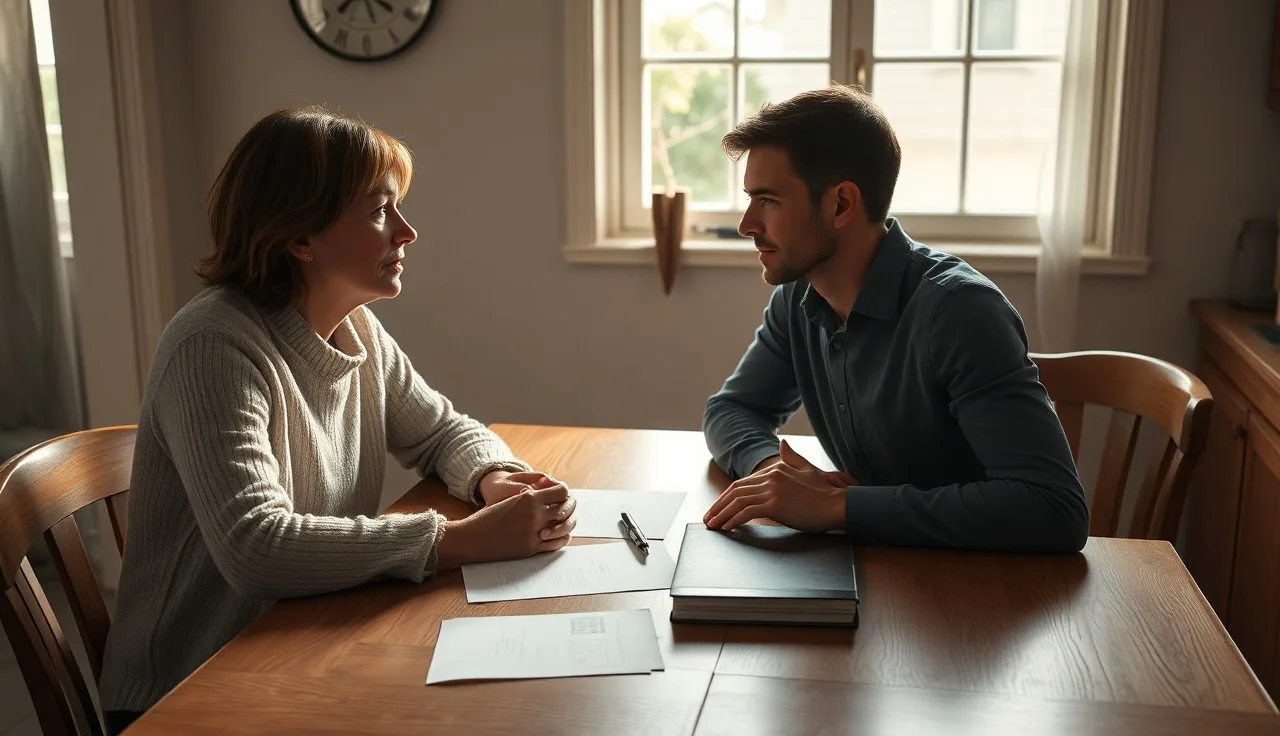 Two people at a kitchen table reviewing uncontested divorce paperwork in morning light