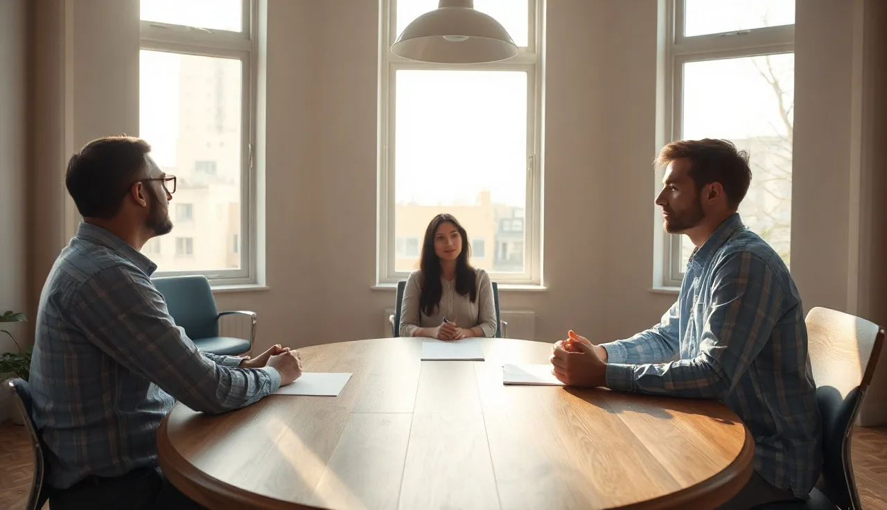 Two spouses and a neutral mediator seated at a round table during a divorce mediation session