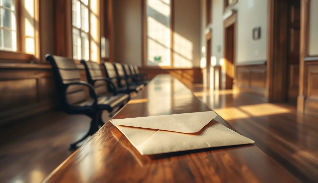 Legal papers in an envelope on a courthouse bench awaiting service of process