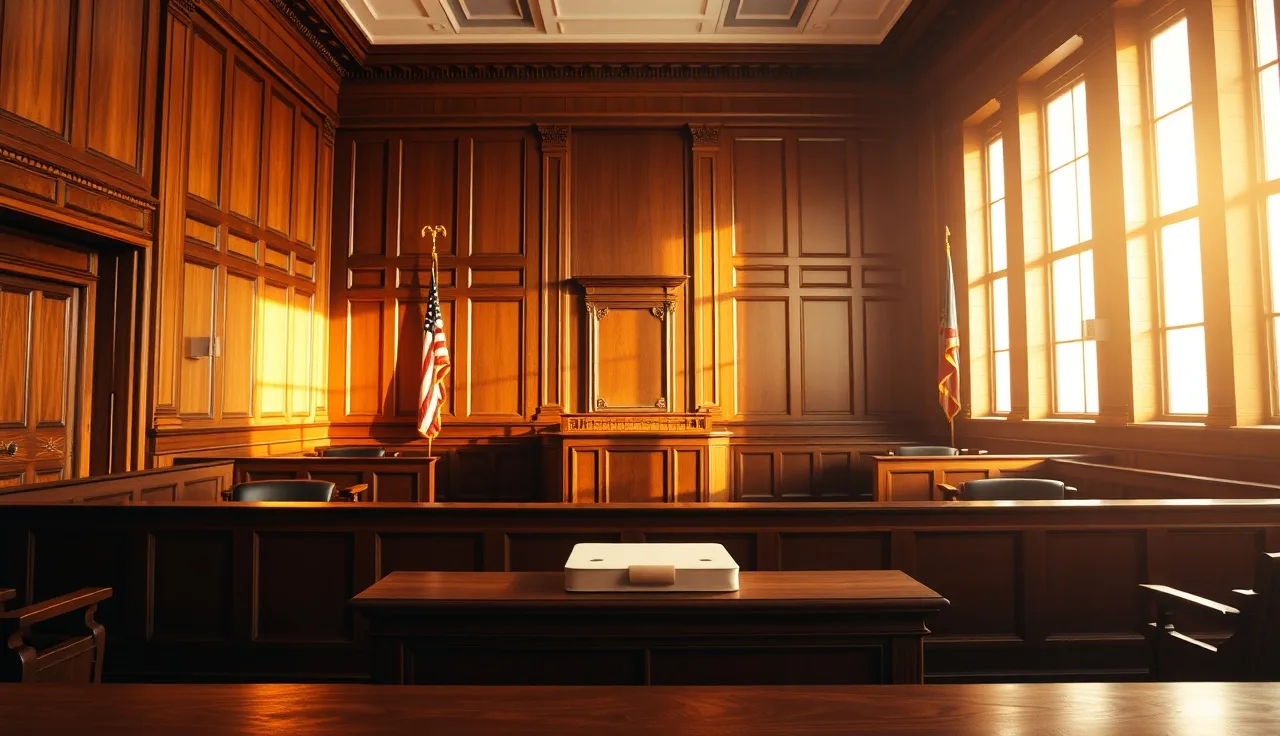 Empty courtroom with judge's bench and folder, awaiting divorce decree signing
