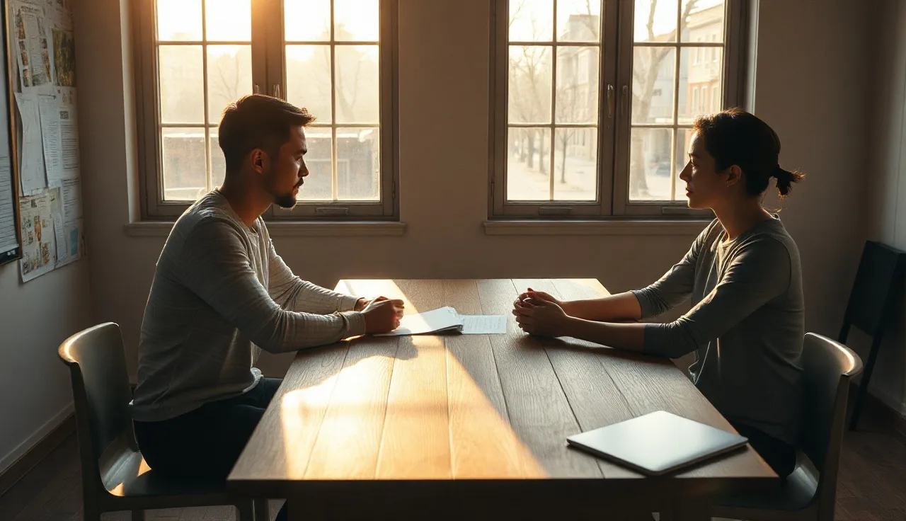 Two people at a table with documents, finalizing divorce mediation agreement