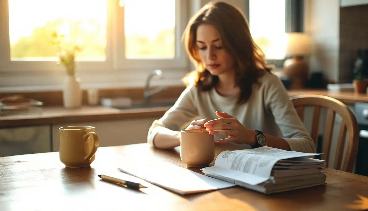 Woman at kitchen table with pen and papers, starting divorce filing process