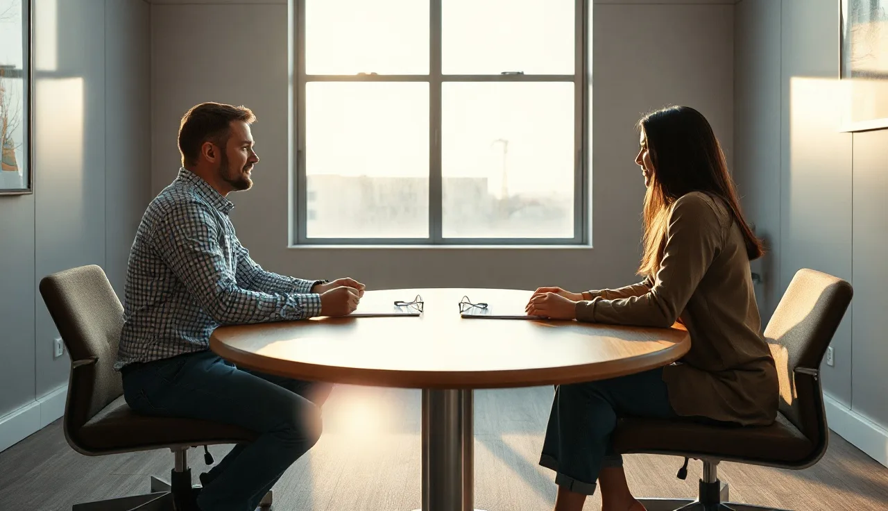 Two people at a round table in a neutral conference room during divorce mediation