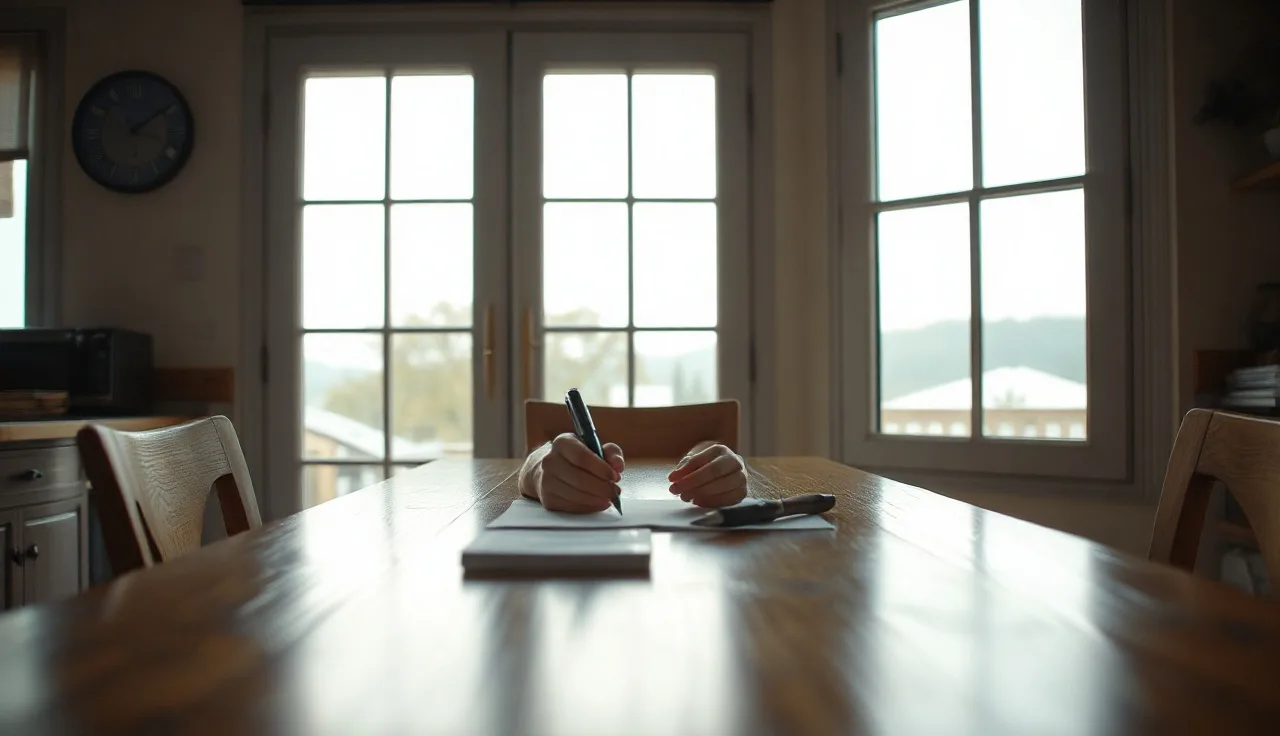 Person sitting at kitchen table with papers and pen during divorce process