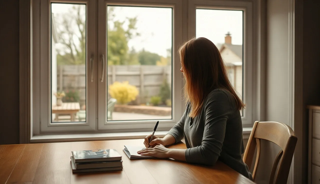 Woman at kitchen table holding pen, looking out window, beginning divorce paperwork