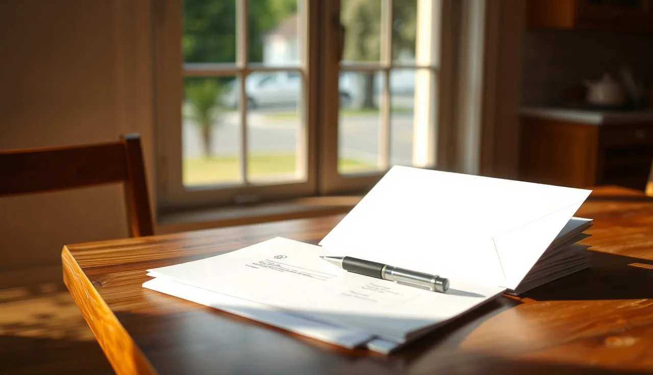 Sealed envelope and paperwork on kitchen table for mail-in divorce filing