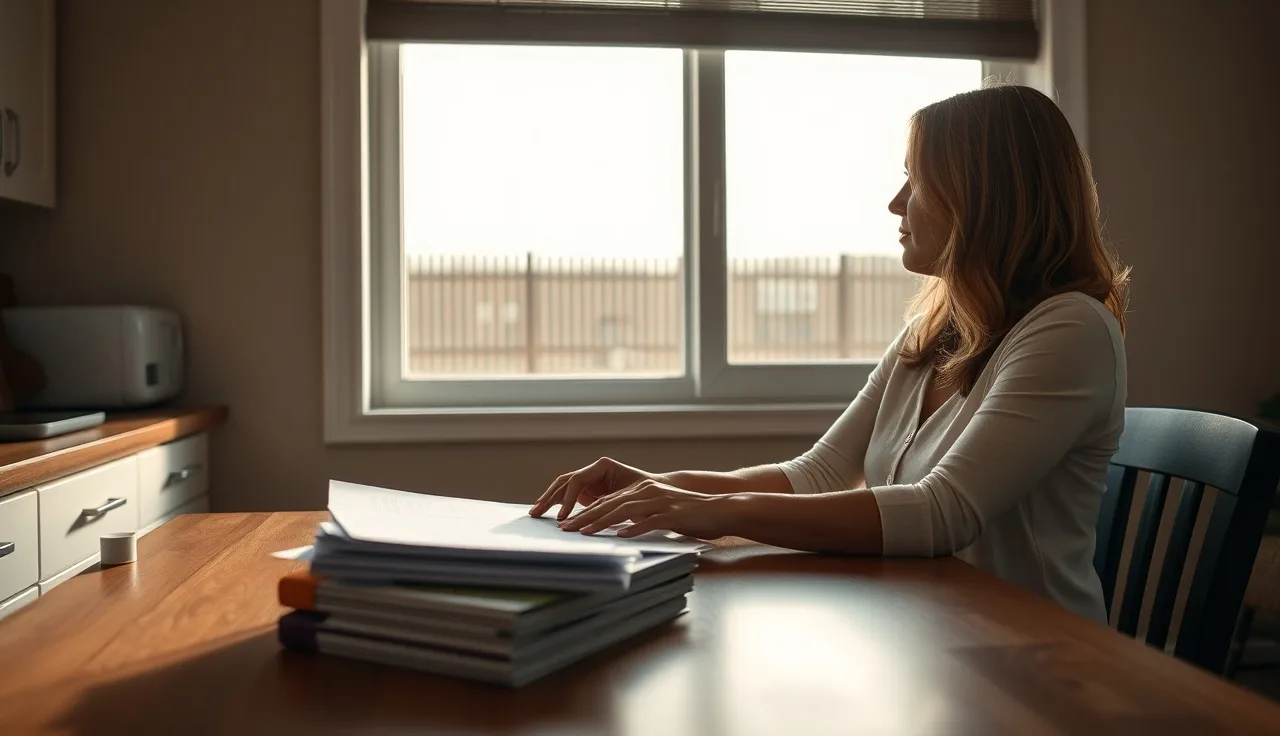 Woman at kitchen table with divorce paperwork, spouse incarcerated