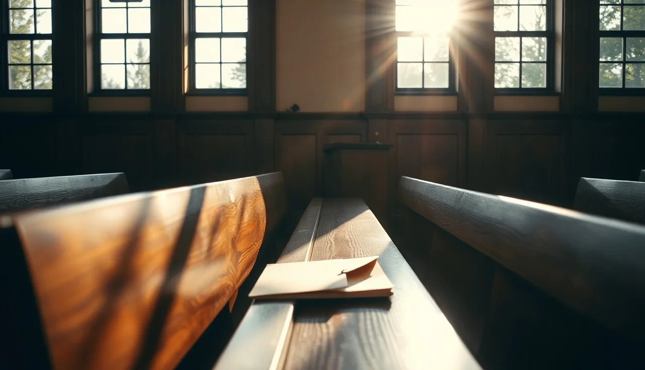 Empty courtroom bench with morning light and a folder, evoking a default divorce proceeding