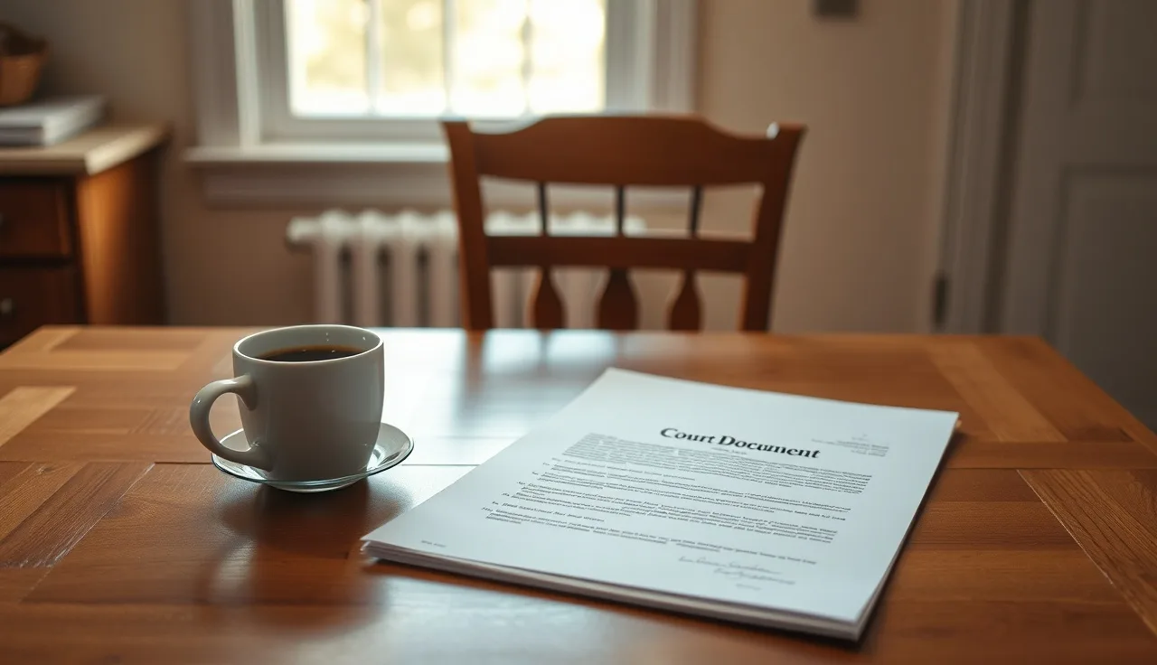 Unsigned court divorce documents on a kitchen table with morning light