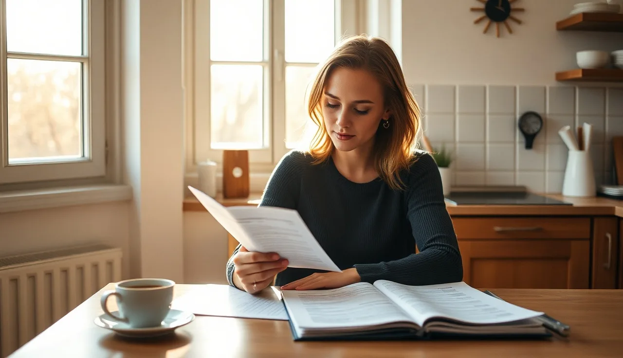 Woman reviewing financial documents at kitchen table preparing for divorce mediation