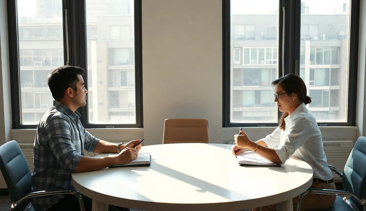 Two spouses and a mediator sitting at a round table during a divorce mediation session