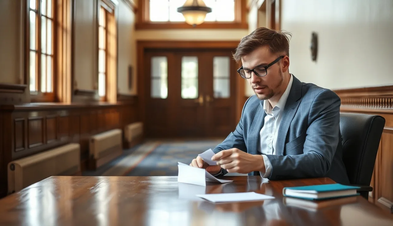 Person reviewing notes at a courthouse hallway table before a divorce final hearing