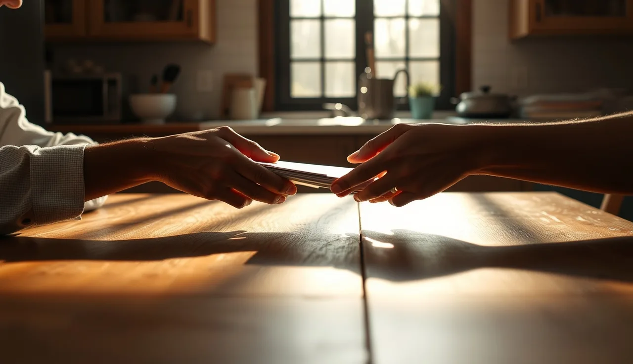 Two people exchanging divorce response paperwork across a sunlit kitchen table